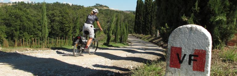 Cyclists riding along the Via Francigena milestone during pilgrimage cycling tours in Italy
